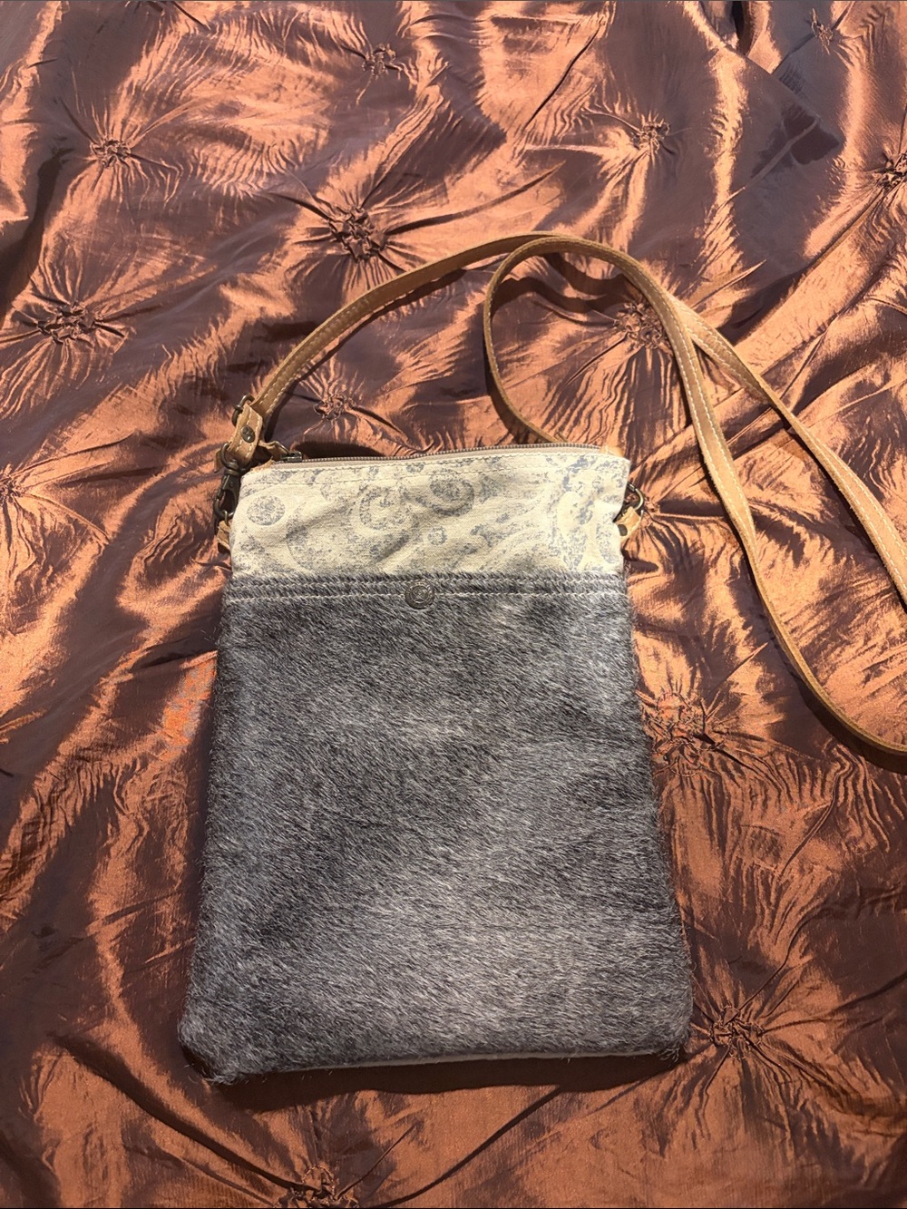 Myra Calf Hair Cotton Crossbody Bag with Tan leather Strap
